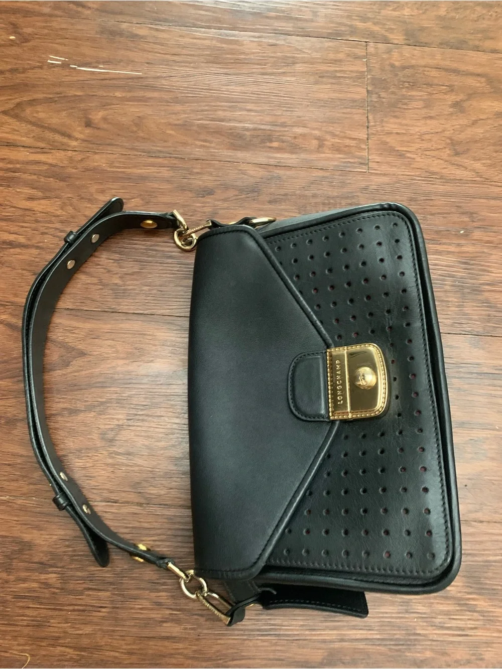 Black Longchamp  Leather Shoulder Bag with Gold Hardware